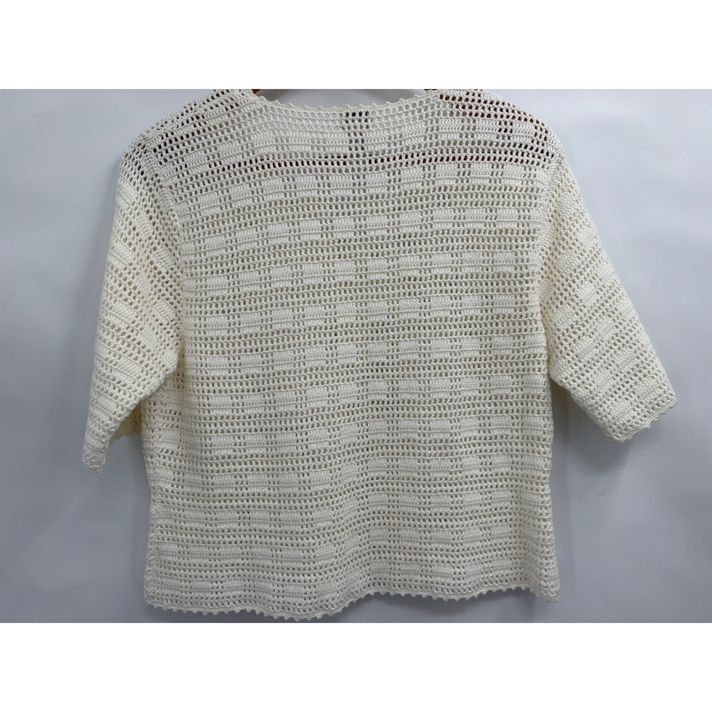 J. Jill Crochet Knit Cardigan Top XL Off White Ivory Short Sleeve Button Front - Picture 2 of 7